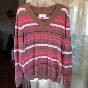 💕 Sonoma Pink & Brown Striped V-neck Sweater
